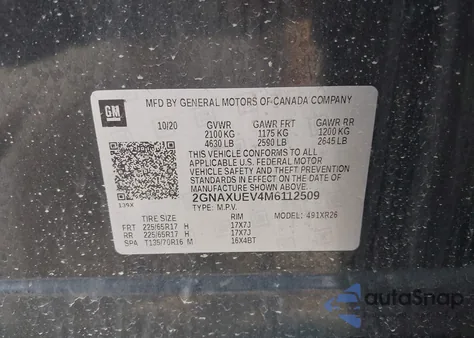 2021 Chevrolet Equinox Awd Lt from USA, damaged, VIN 2GNAXUEV4M6112509